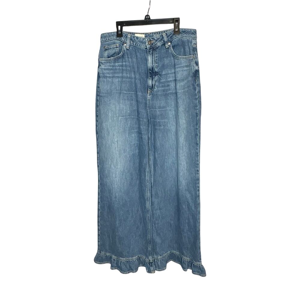 Pilcro Solene High Rise Wide Leg Ruffle Flare Blue Denim Jeans Size 30 Tall - Picture 3 of 15